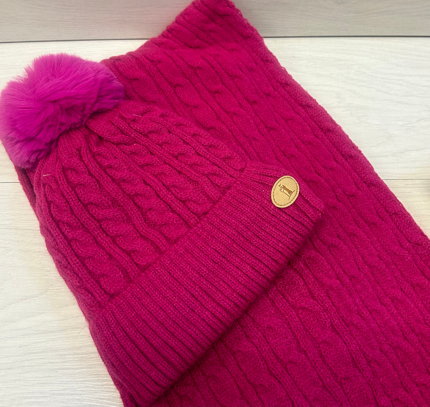Fuchsia cable knit hat/scarf set