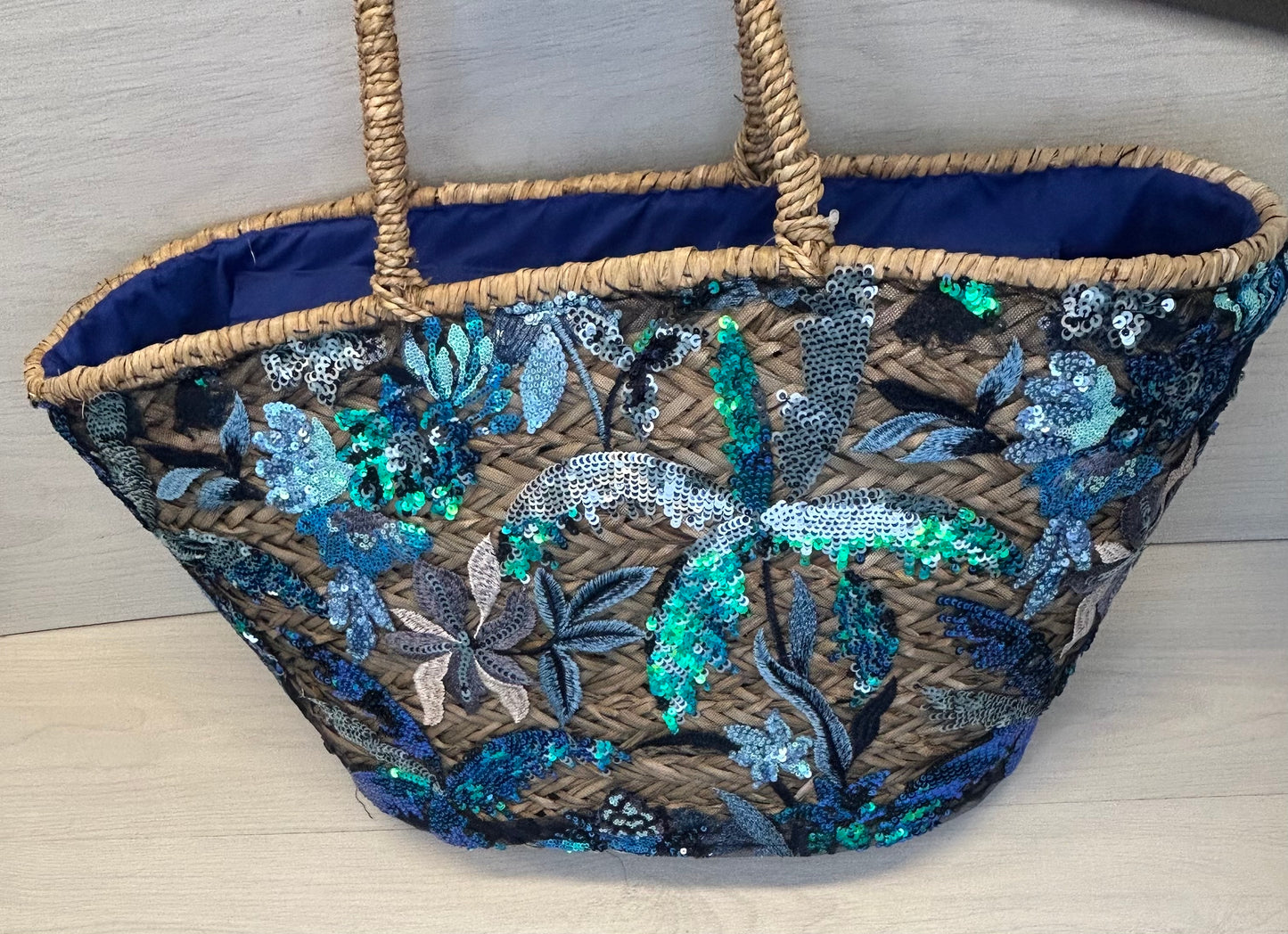 Blue embroided beach bag