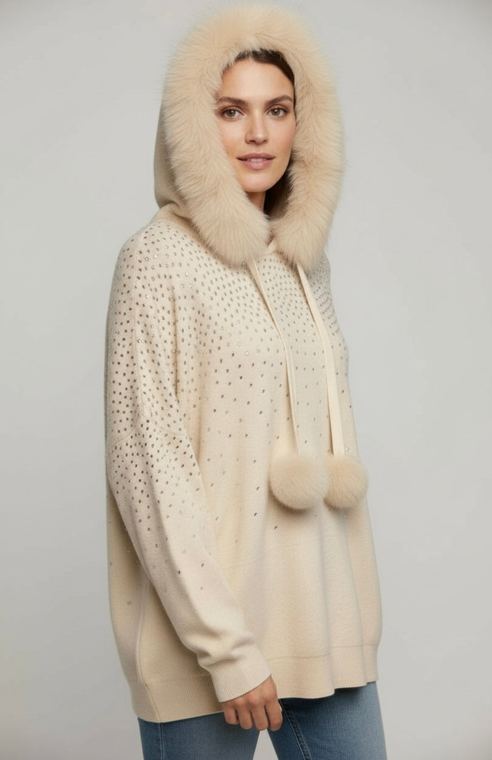 Cream Diamanté Fur Hoodie
