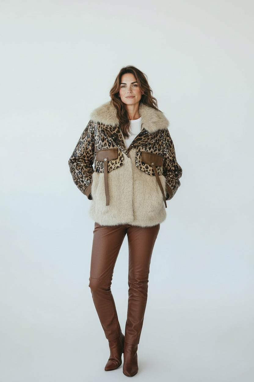 Cream/leopard faux fur coat