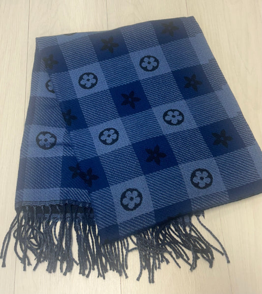 Check blue flower print scarf