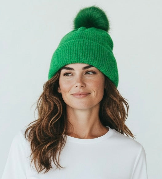 Green pompom hat