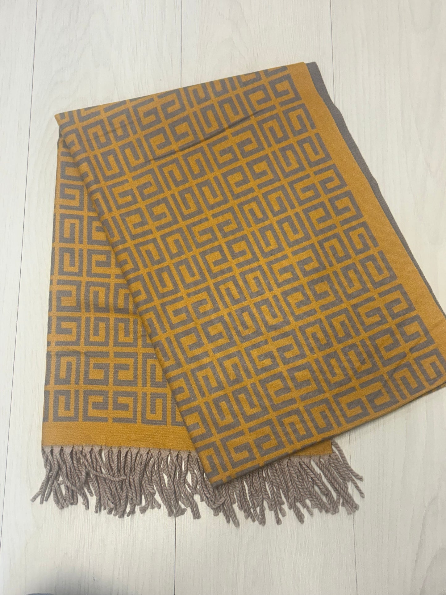 Mustard/grey print scarf