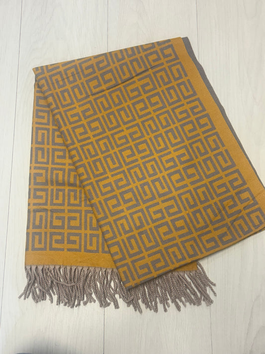Mustard/grey print scarf