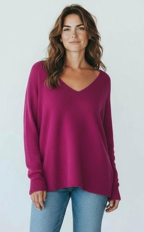 V-neck knit jumper -magenta