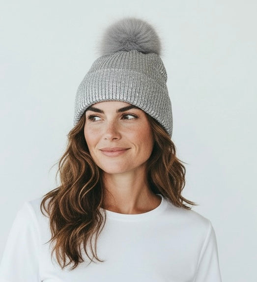 Silver metallic pompom hat