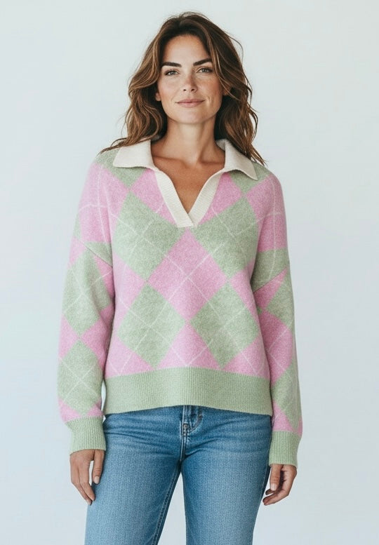 Pink/green argyle collard jumper