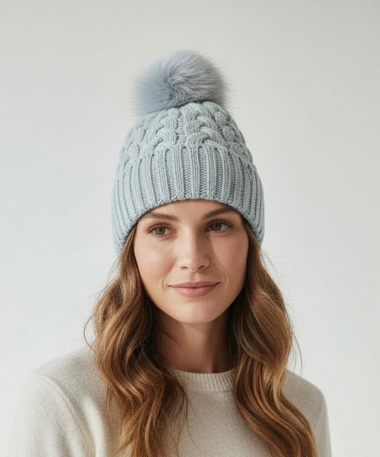 Pale blue cable knit hat