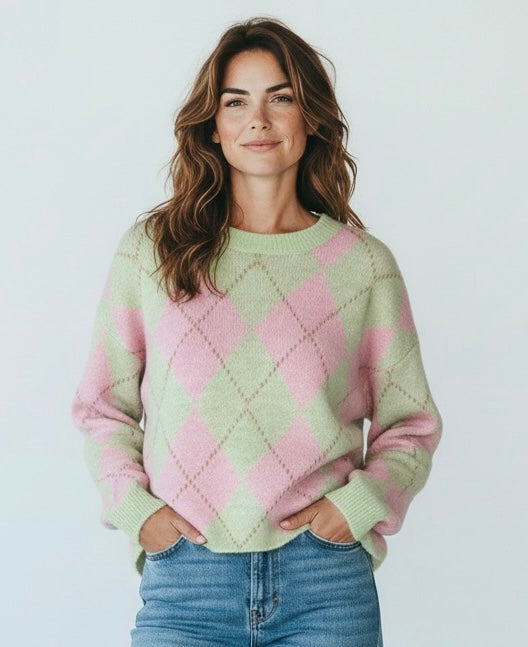 Pink/green argyle crew jumper
