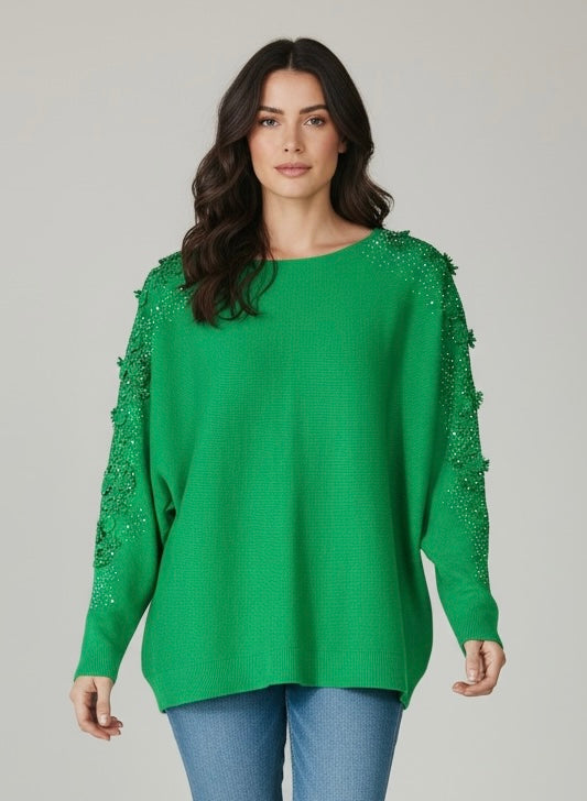Green lace open sleeve jumper