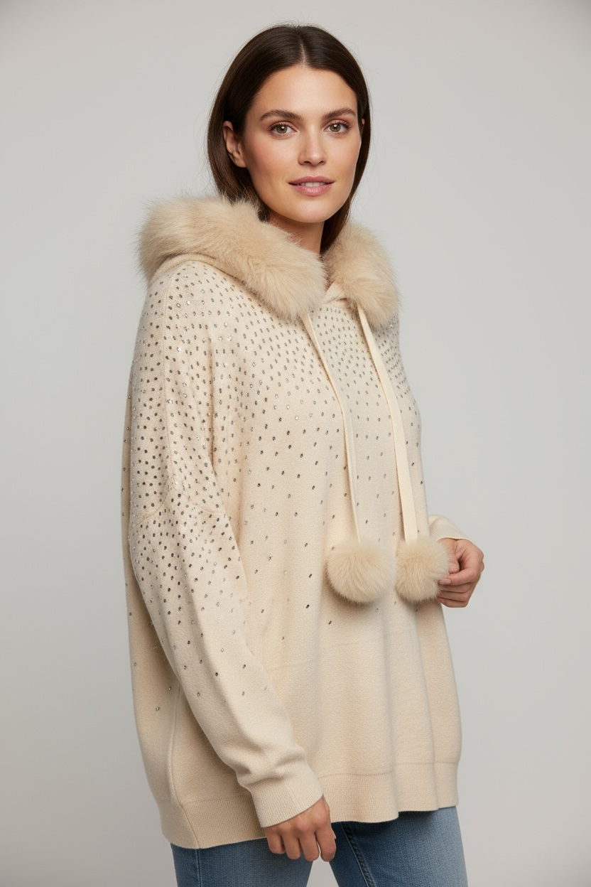 Cream Diamanté Fur Hoodie