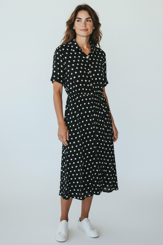 Black polka dot button dress